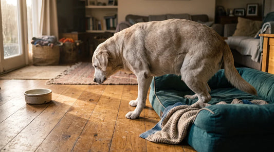 Starejši rumeni labradorec se počasi dviguje s pasje košare v topli jutranji sončni svetlobi v dnevni sobi.
